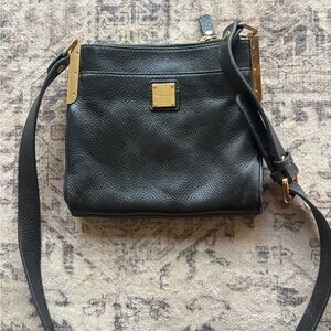 Black Leather Kenneth Cole Crossbody Bag with Gold Accents